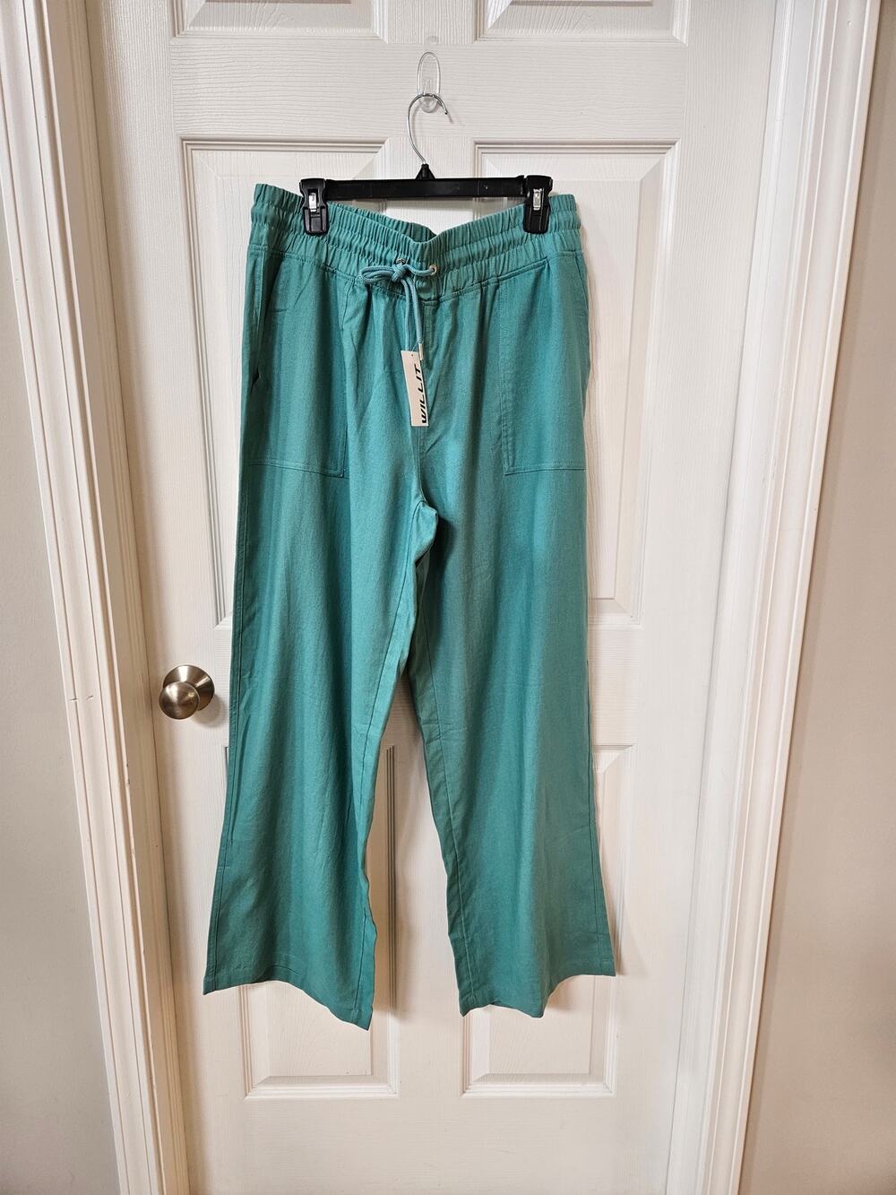 Willit Women's XL Linen Cotton Pants NWT Teal Wide Leg Drawstring 31" Inseam